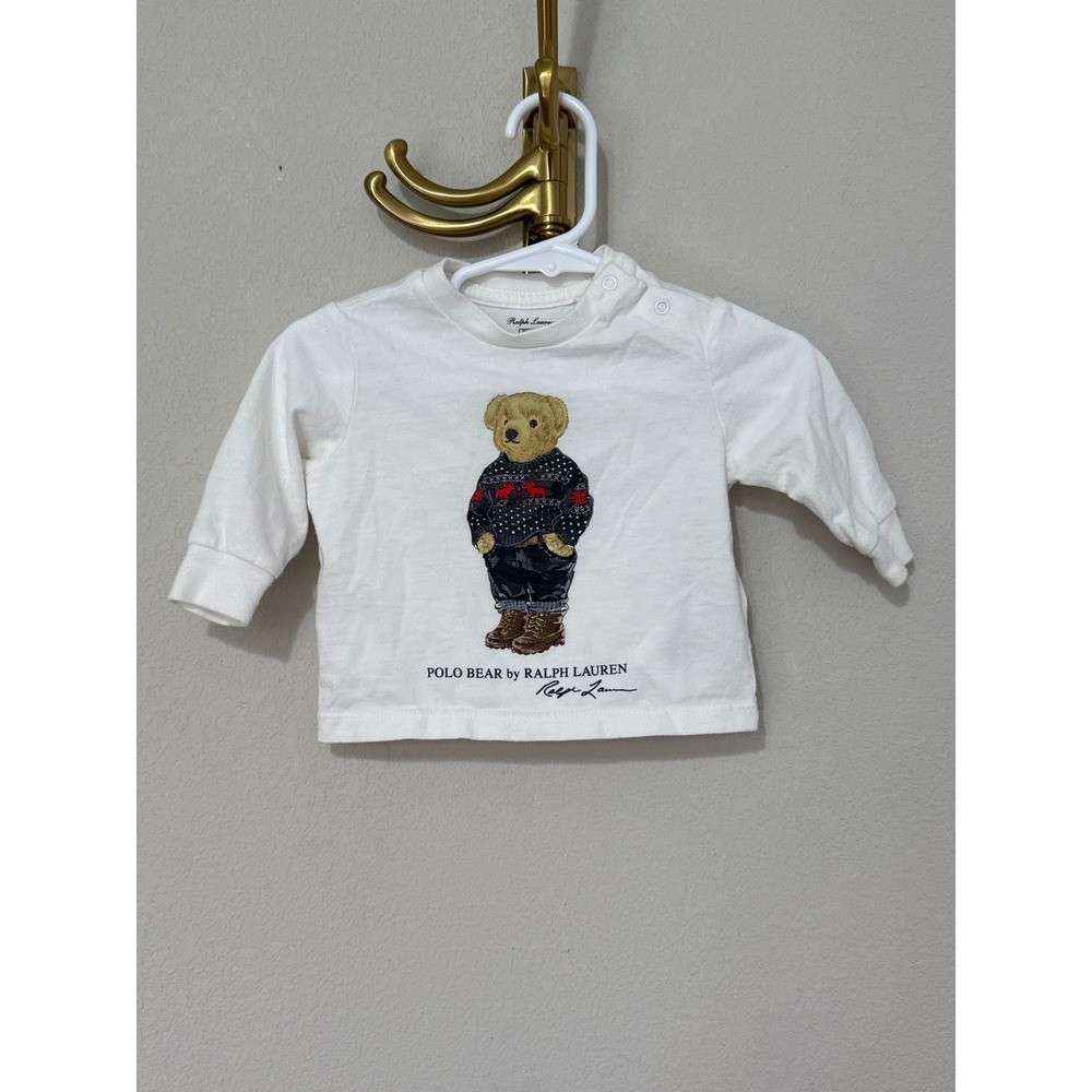 Ralph Lauren Polo Bear T-Shirt Infant 3M White Long Sleeve Snap Shoulder Graphic